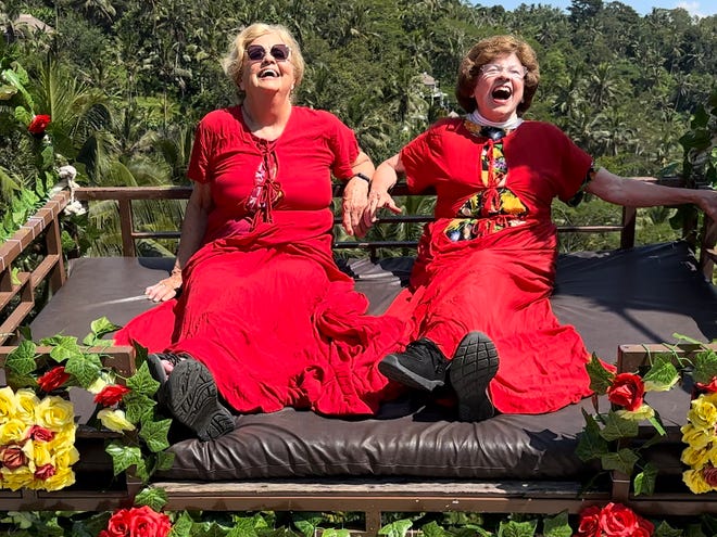 Best Friends Ellie Hamby And Sandy Hazelip Enjoy A Swing And A Laugh In Bali, Indonesia On March 16, 2023.