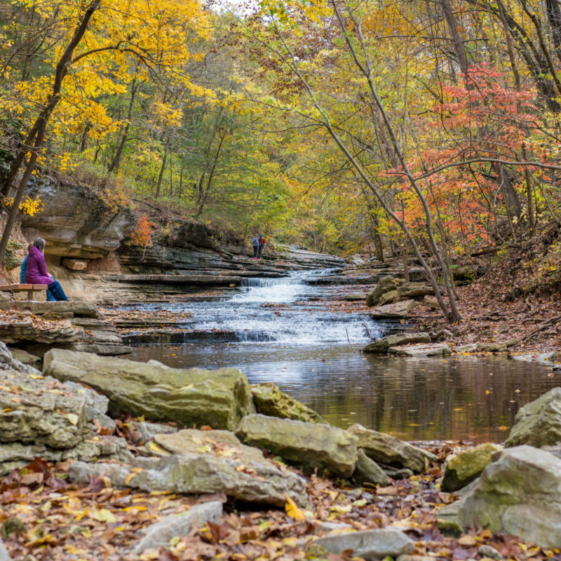 A Small River With A Rocky Bank In Arkansas With Fall Foliage
