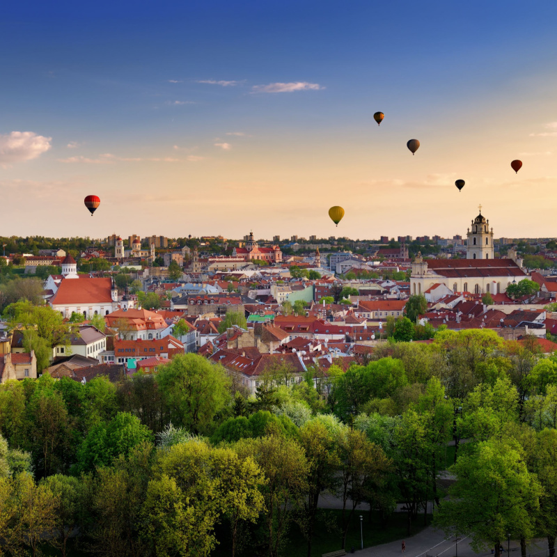 Hot Air Balloons Rise Above Vilinus Lithuania