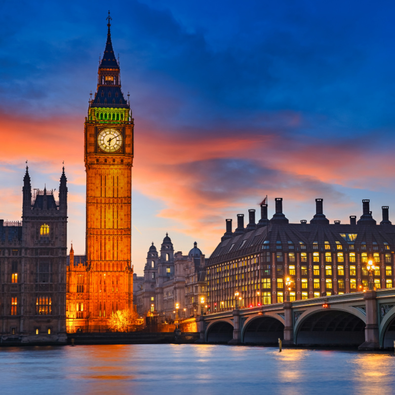 Big Ben And Westminster Bridge At Dusk In London. 