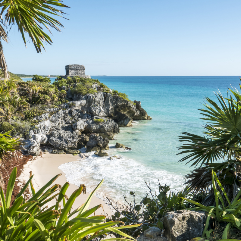 Mayan Ruins Of Tulum On The Sea In Yucatan Mexico. 