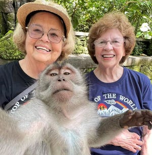 Best Friends Ellie Hamby (Left) And Sandra Hazelip Take A Selfie With A Long-Tailed Macaque Monkey In Padangtegal Ubud, Bali On March 15, 2023.