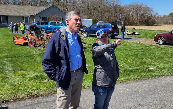 On Sunday, April 2, Governor John Carney toured areas of Sussex County hit by a tornado the day before.  Staci Warrington's home, right, was destroyed.