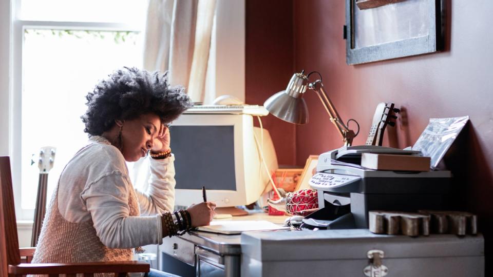 Portrait of woman with fresh hair at home office